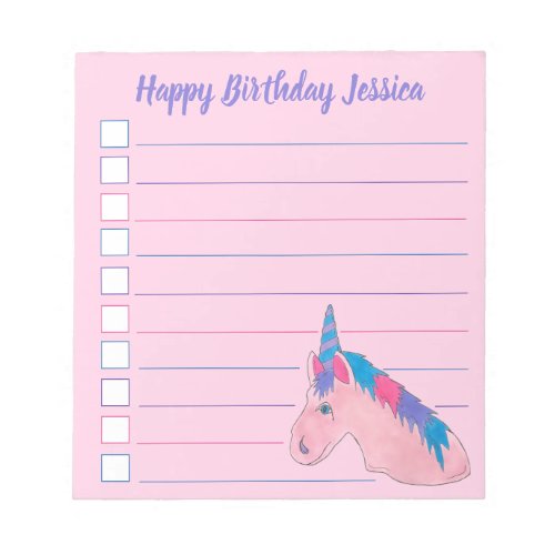 Pink Purple Magical Horse Unicorn Birthday Party Notepad