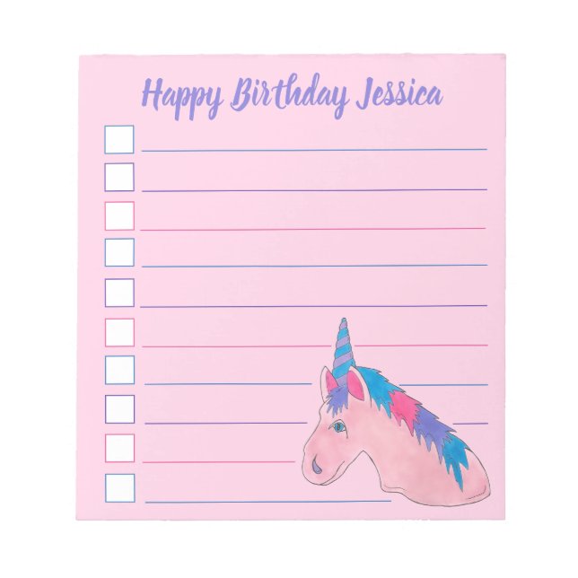 Pink Purple Magical Horse Unicorn Birthday Party Notepad (Front)