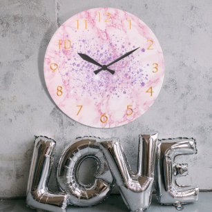Pink purple marble glitter sparkle large clock
