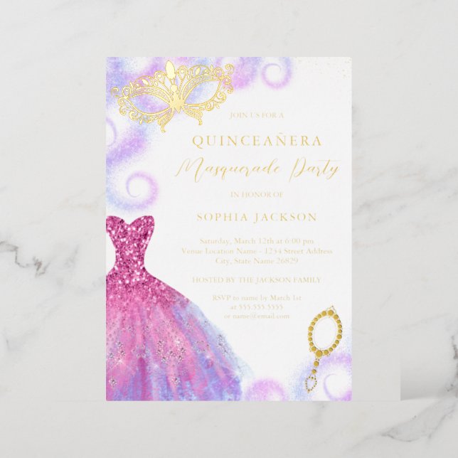Pink Purple Masquerade Party Dress Quinceanera   Foil Invitation (Standing Front)