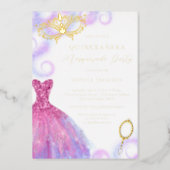 Pink Purple Masquerade Party Dress Quinceanera   Foil Invitation (Front)
