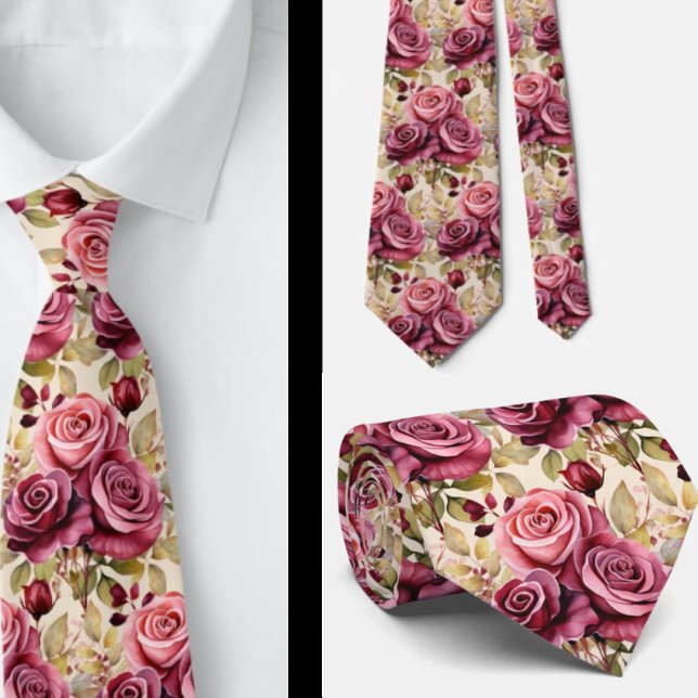 Pink Purple Mauve Red Roses Watercolor Neck Tie (Creator Uploaded)