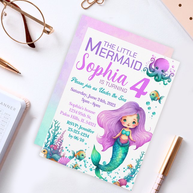 Pink purple mermaid birthday invitation (Creator Uploaded)