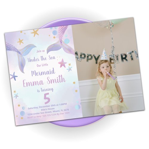 Pink Purple Mermaid Birthday Invitations W Photo