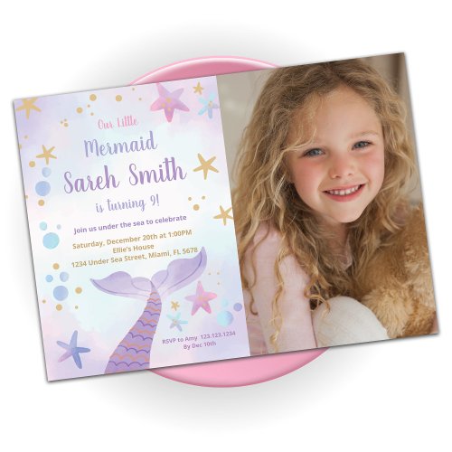 Pink Purple Mermaid Tail Birthday With Photo Invitation