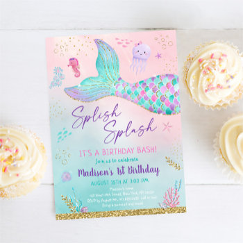 Pink Purple Mermaid Tail Under The Sea Birthday Invitation by LittlePrintsParties at Zazzle