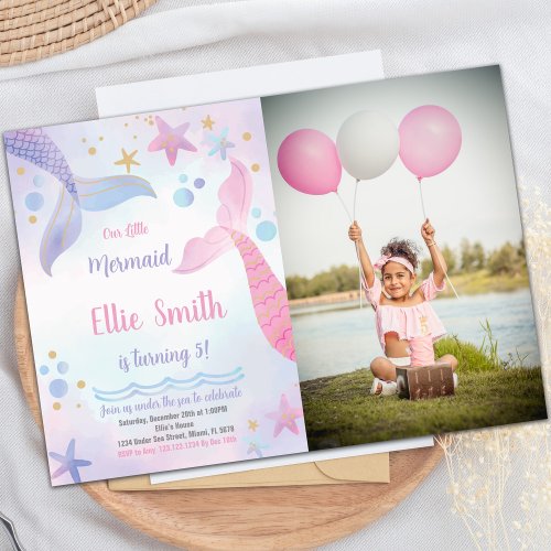 Pink  Purple Mermaid Tails Invitations with photo