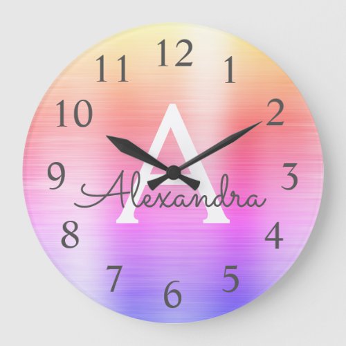 Pink Purple Metallic Monogram Name  Initial Large Clock