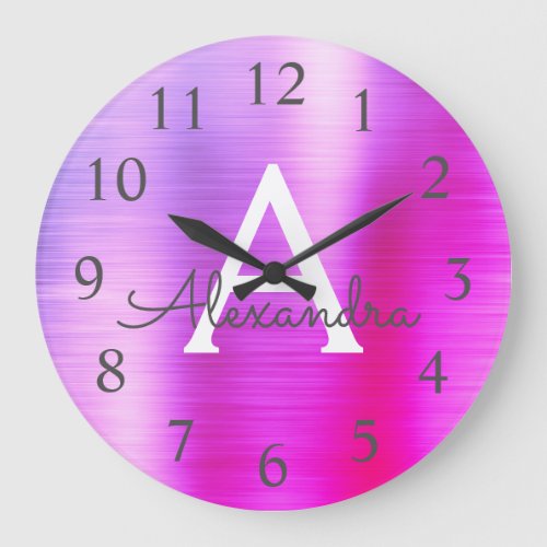 Pink Purple Metallic Monogram Name  Initial Large Clock