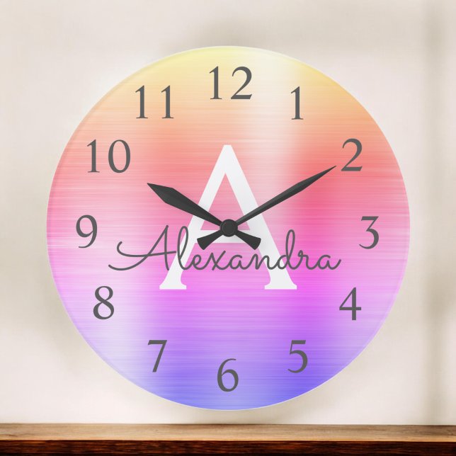 Pink Purple Metallic Monogram Name & Initial Large Clock (Creator Uploaded)