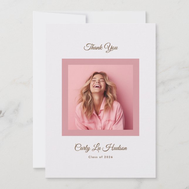 Pink Purple Minimal High School Photo Grad Thank You Card (Front)