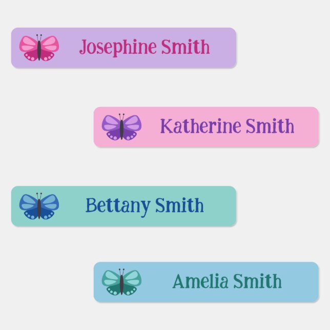 Pink Purple Mint Blue Cute Butterfly Add Name Labels (Group)