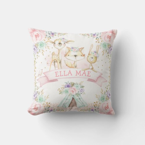 Pink Purple Mint Floral Tribal Woodland Animals Throw Pillow