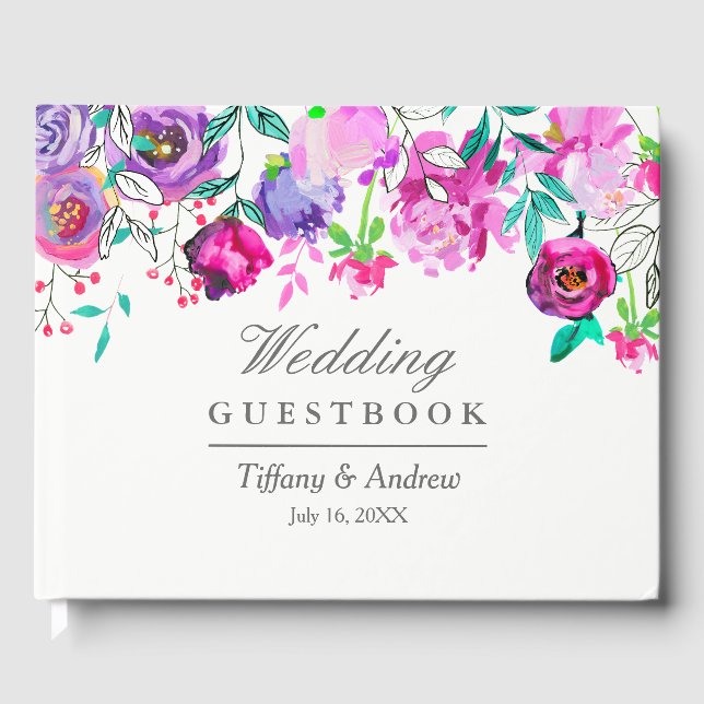 Pink Purple Mint Floral Wedding Guest Book (Front)