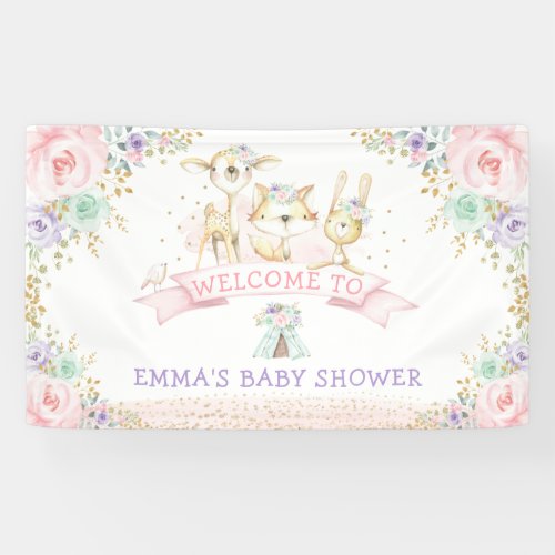 Pink Purple Mint Flower Girl Woodland Baby Shower Banner