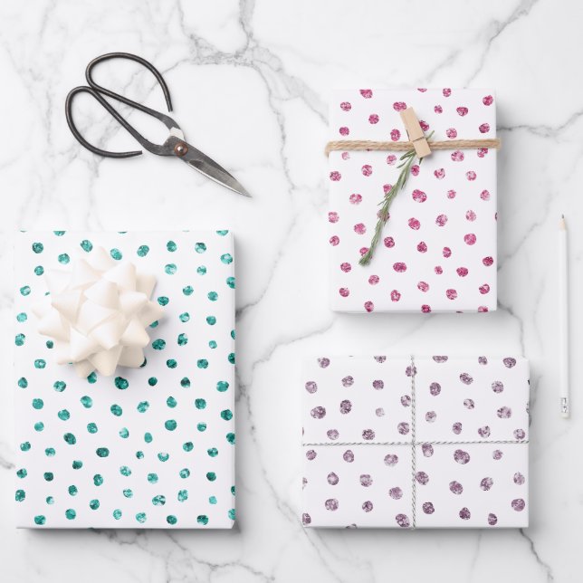 Pink Purple Mint Glitter Dots Birthday Wrapping Paper Sheets (Front)