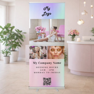 Pink purple mint green Photo QR code business logo Retractable Banner