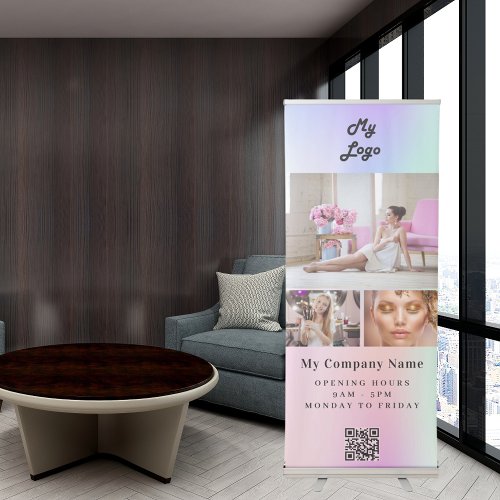 Pink purple mint green Photo QR code business logo Retractable Banner