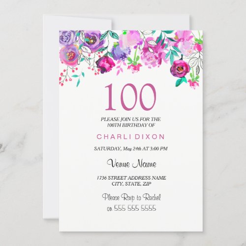 Pink Purple Mint Watercolor Flowers 100th Birthday Invitation