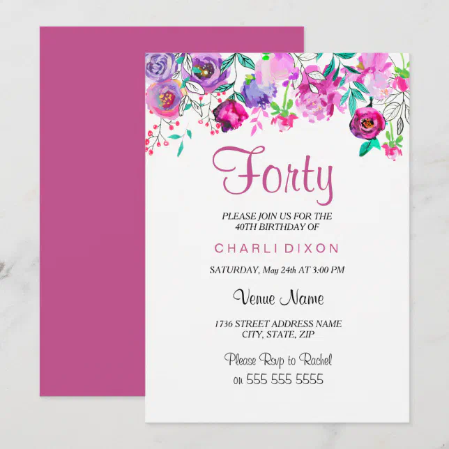 Pink Purple Mint Watercolor Flowers 40th Birthday Invitation | Zazzle