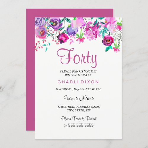 Pink Purple Mint Watercolor Flowers 40th Birthday Invitation