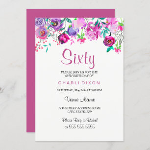 Pink Purple Mint Watercolor Flowers 60th Birthday Invitation