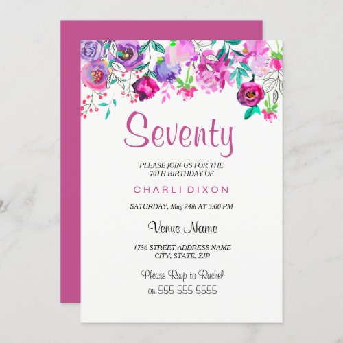 Pink Purple Mint Watercolor Flowers 70th Birthday Invitation