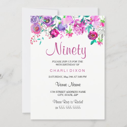 Pink Purple Mint Watercolor Flowers 90th Birthday Invitation