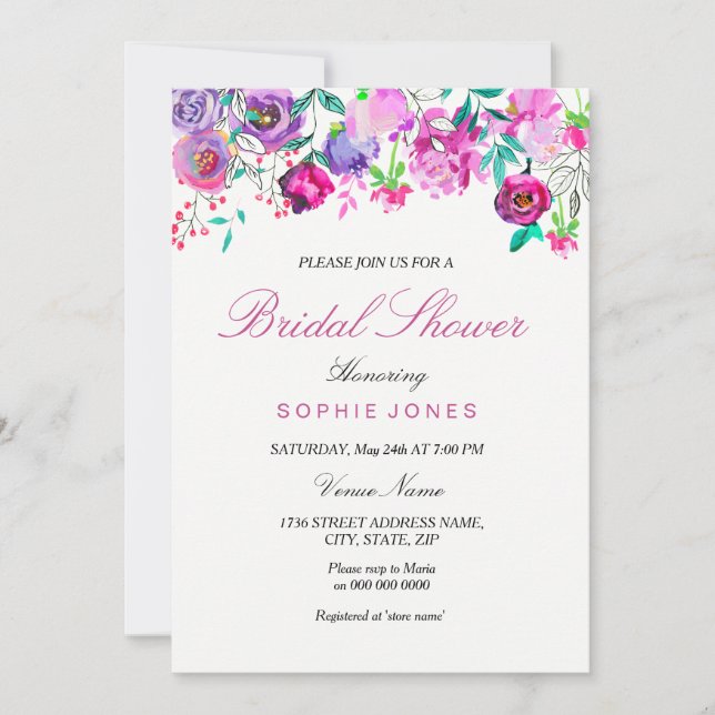Pink Purple Mint Watercolor Flowers Bridal Shower Invitation (Front)