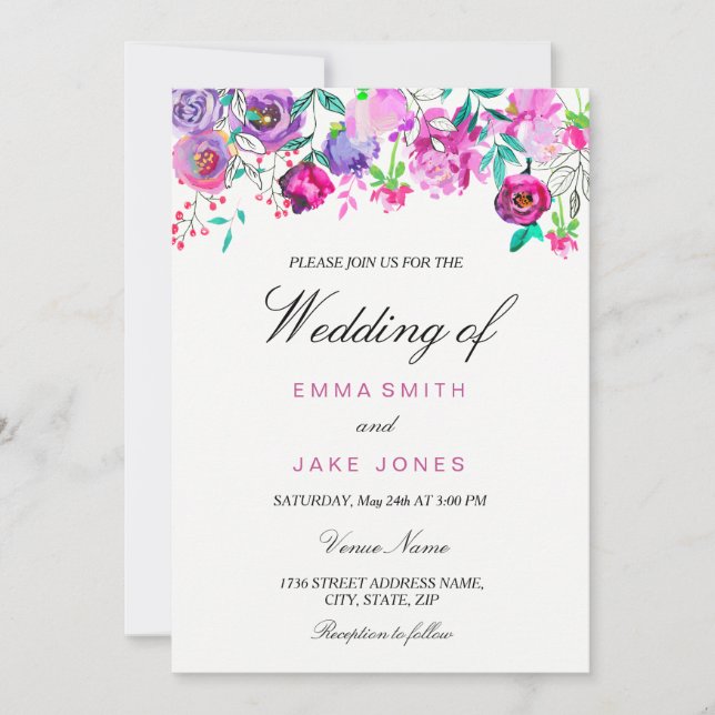 Pink Purple & Mint Watercolor Flowers Wedding Card (Front)