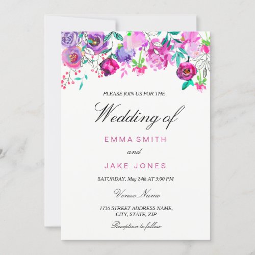 Pink Purple  Mint Watercolor Flowers Wedding Card