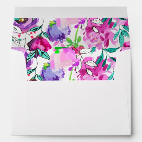 Pink purple  mint Watercolor Flowers Wedding Envelope