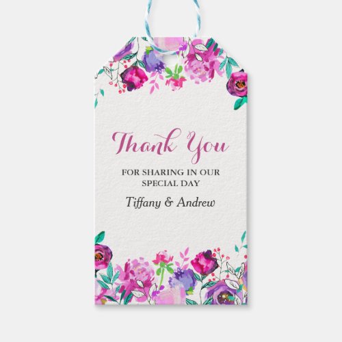 Pink Purple Mint Watercolor Flowers Wedding Gift Tags