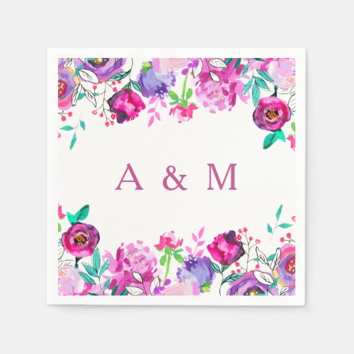 Pink Purple Mint Watercolor Flowers Wedding Napkins