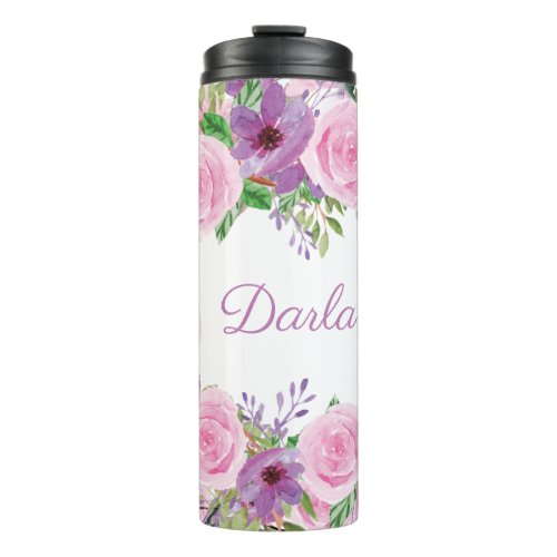 Pink Purple Modern Watercolor Floral Personalized  Thermal Tumbler