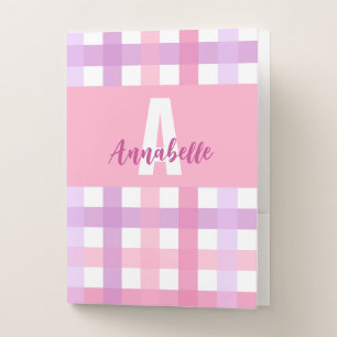 Pink Purple Monogram Gingham Pattern Pocket Folder