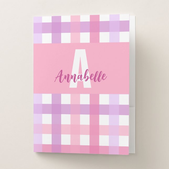 Pink Purple Monogram Gingham Pattern  Pocket Folder (Front)