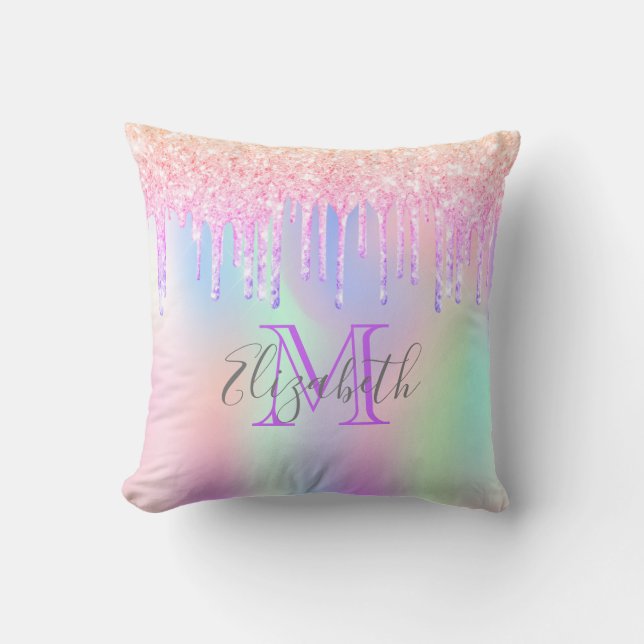 Pink purple monogram holographic drips throw pillow (Front)
