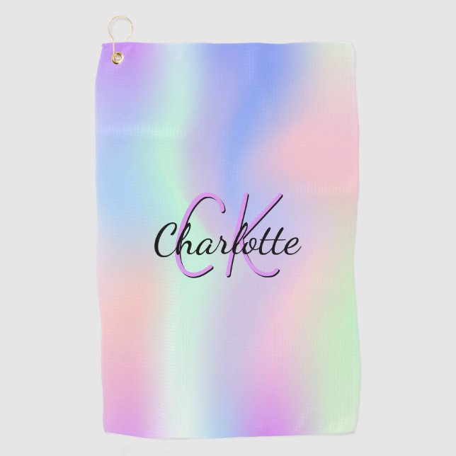 Pink purple monogram holographic golf towel (Front)
