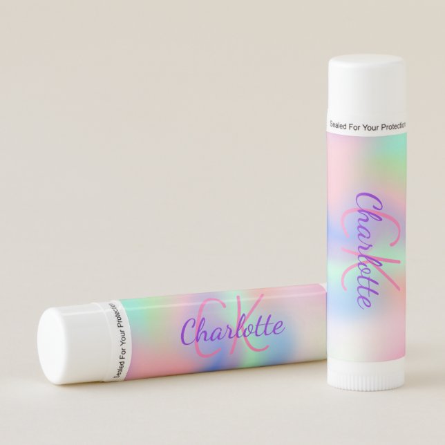 Pink purple monogram name holographic lip balm (Front)