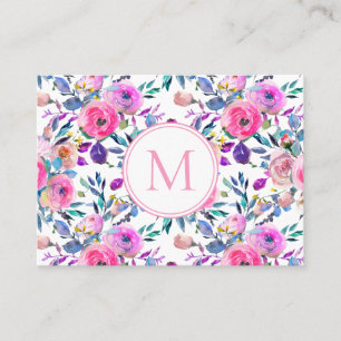 Pink Purple Monogram Watercolor Flowers Business Card