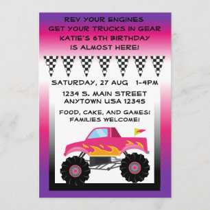 Pink & Purple Monster Truck 5" x 7" Invitations