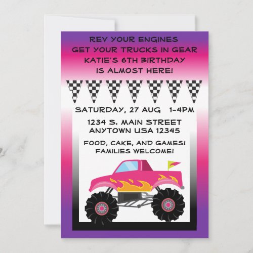 Pink  Purple Monster Truck 5 x 7 Invitations