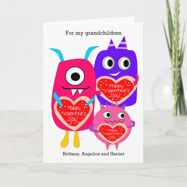 Pink Purple Monster Valentine's Day Holiday Card (Front)