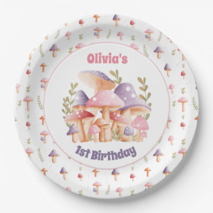 Pink Purple Mushrooms 1st Birthday Fall Paper Plates