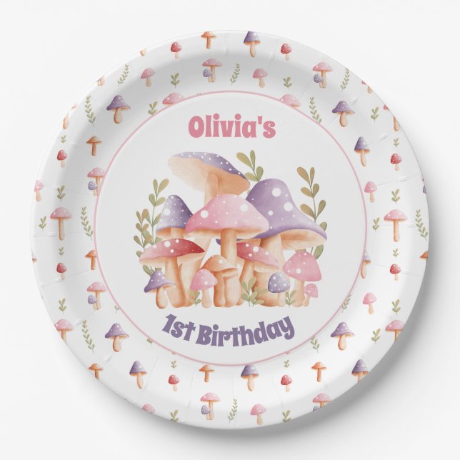 Pink Purple Mushrooms 1st Birthday Fall Paper Plates (Front)