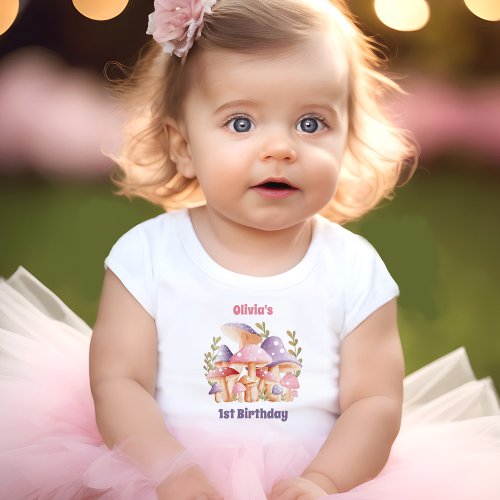 Pink Purple Mushrooms Fall 1st Birthday Baby Girl Baby T_Shirt
