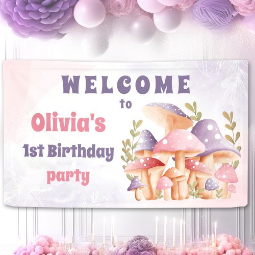 Pink Purple Mushrooms Fall 1st Birthday Banner