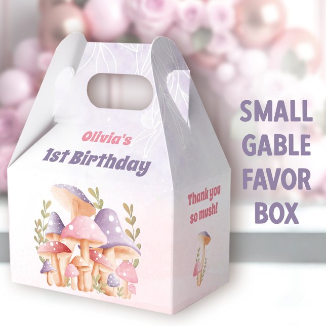 Pink Purple Mushrooms Fall 1st Birthday Gable Favor Boxes (Mushrooms Small Gable Favor Boxes - You can choose from 3 sizes of these gable favor boxes)