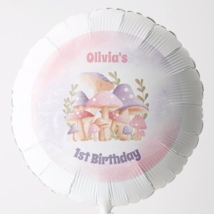 Pink Purple Mushrooms Fall 1st Birthday Girl Balloon